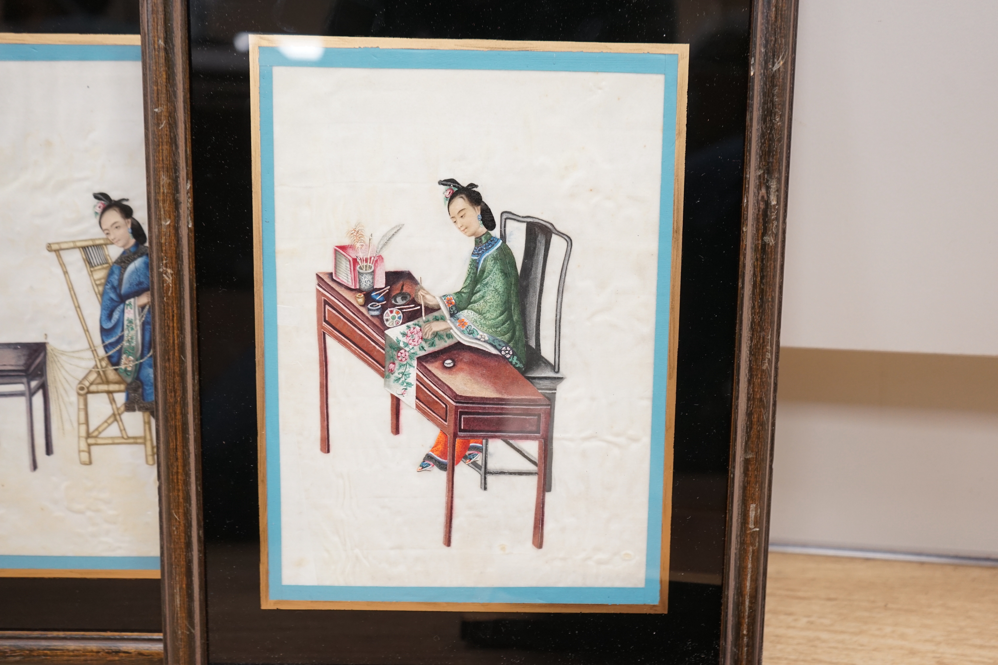 19th century Chinese School, set of six pith paper paintings, 'Ladies at work', 23.5 x 16.5cm